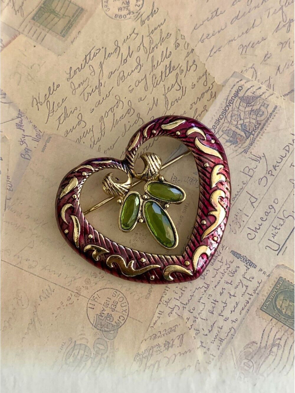 Vintage Heart-Shaped Enamel Brooch with Green Gem Accent - Elegant Pin Accessory